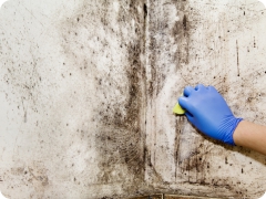 Washing off mold and mildew from wall.